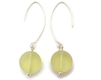 Yellow Sea Glass Earrings, Yellow Earrings. Long Yellow Dangles, Lemon Yellow Beach Glass Dangles, Recycled Glass, Long Ear Wires