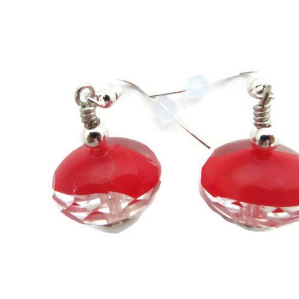 Bright Red Earrings, Big Red Dangle, Red Crystal Earring, Large Red Drop Earring, Red and Silver Earring, Cherry Red Glass Bead, Sparkly Red