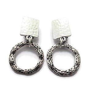 Hammered Silver Clip On Hoop Earrings: Lightweight Non Pierced Dangles