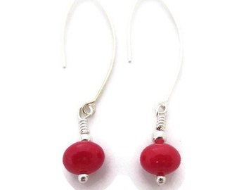 Long Red Earrings, Bright Red Dangles, Red and Silver Earrings, Red Drop Earring, Cherry Dangle, Dressy Red, Long Silver Ear Wire