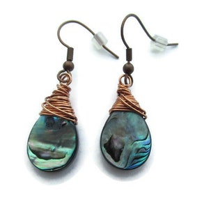 Blue Abalone Teardrop Earring, Abalone Dangles, Copper Wire Wrapped Abalone Earring, Peacock Blue Shell Earring, Iridescent  Blue  Dangle
