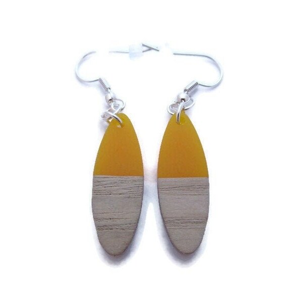 Yellow Earrings, Wood Earrings, Yellow Dangles, Wood Dangle Earring, Goldenrod Earring, Wood and Resin Earring, Saffron Earring, Golden Drop