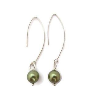 Olive Green Earring, Green Glass Pearl Earrings, Glass Pearl Dangle, Light Green Dangles, Green Drop Earring, Green and Silver Earring