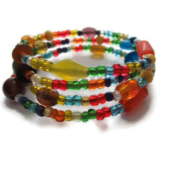 Rainbow Beaded Wrap Bracelet, Multicolor Bracelet, Memory Wire Bracelet, Boho Bracelet, Mixed Seed Bead Cuff, Colorful Multi Wrap Bracelet