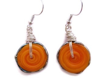 Orange Earrings, Tangerine Earrings, Orange Glass Bead Dangles, Wire Wrapped Orange Dangle Earring, Tangerine Dangle, Glass Earring