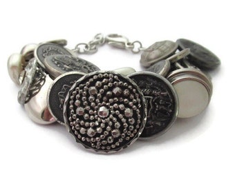 Chunky Silver Bracelet, Silver Button Bracelet, Vintage Bracelet, Repurposed Buttons, Silver Boho Bracelet, Button Jewelry, OOAK Gift