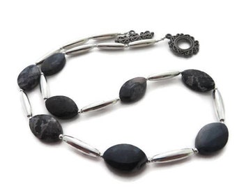 Black and Silver Necklace, Black Stone Necklace, Black Necklace, Charcoal Gray Necklace, Silver Bead Necklace, Rustic Black Necklace