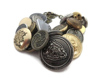 Mixed Metal Bracelet, Vintage Button Bracelet, Upcycled Bracelet, Brass Button Charm Bracelet, Chunky Silver Bracelet,  Button Jewelry