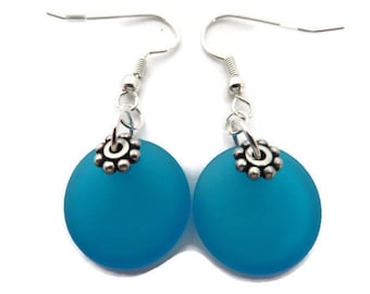 Turquoise Sea Glass Earrings, Sky Blue Drop, Blue Beach Glass Earrings, Bright Blue Earrings, Recycled Glass, Turquoise Beach Glass Dangle