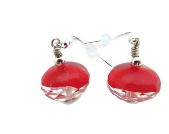 Bright Red Earrings, Big Red Dangle, Red Crystal Earring, Large Red Drop Earring, Red and Silver Earring, Cherry Red Glass Bead, Sparkly Red