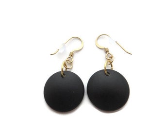 Black Beach Glass Earrings, Black Sea Glass Earring, Black Earring, Black and Gold Dangle, Black Drop, Round Black Dangle, Recycled Glass