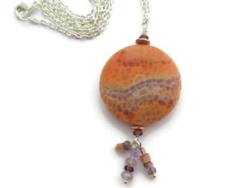 Orange Stone Pendant Necklace: Fire Agate, Boho Silver Chain, Earth Tones