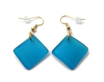 Turquoise Sea Glass Earrings, Blue Beach Glass Earrings, Turquoise Earrings, Ocean Blue Dangles, Recycled Glass, Turquoise Dangle Earrings