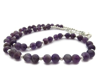 Amethyst Beaded Necklace, Purple Necklace, February Birthstone, Purple Gemstone Necklace, Purple and Silver Necklace, Lavender Necklace