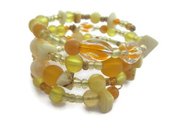 Yellow Bracelet, Yellow Wrap Bracelet, Memory Wire Bracelet, Yellow Beaded Cuff, Multi Coil Bracelet, Shades of Yellow, Chunky Yellow Cuff