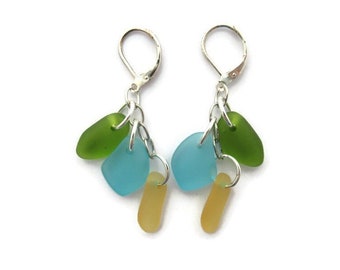 Beach Glass Earrings, Sea Glass Cascade Earrings, Beach Colors Earring, Colorful Cluster Dangle,  Beach Glass Dangle, Sea Glass Earring