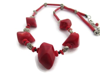 Long Red Necklace, Chunky Coral Necklace, Red and Silver Necklace, Red Beaded Necklace, Chunky Red Southwest Necklace