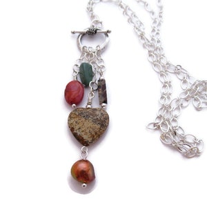 Long Heart Necklace, Long Boho Necklace, Long Cluster Pendant Necklace, Long Stone Pendant, Heart Charm Toggle Necklace image 2