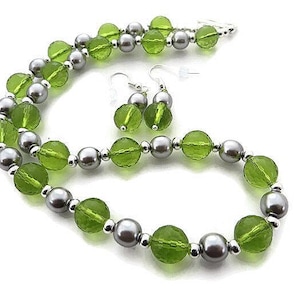 Lime Green Necklace Set, Bright Green Beaded Necklace, Green Glass Bead Necklace, Gray Pearl, Green and Silver Necklace, Lime Green Earring