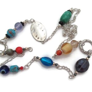 Boho Chic Long Chain Necklace, Multicolored Beaded Chain, Stone Bead Necklace, Long Silver LayeringChain, Colorful Mixed Gemstone Necklace
