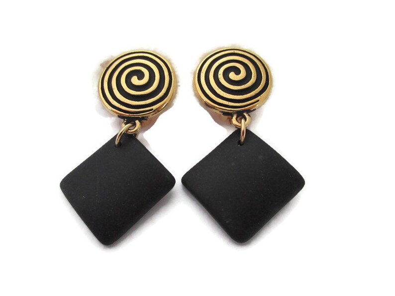 Black Beach Glass Earring Gold Clip On Gold Spiral Ear Clip Black Sea Glass Earring Black Clip On Earring Black Dangle Clip Earring