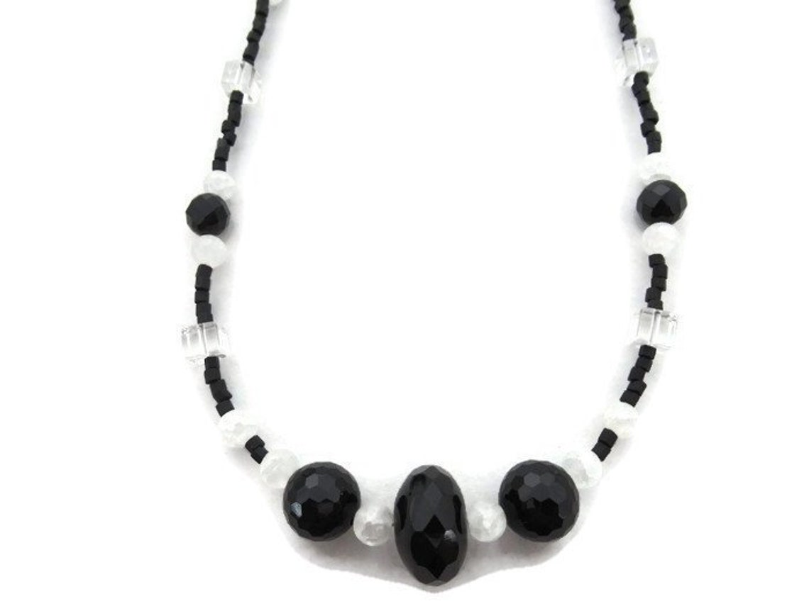Long Black and White Necklace, Long Black Necklace, Long Black Beaded