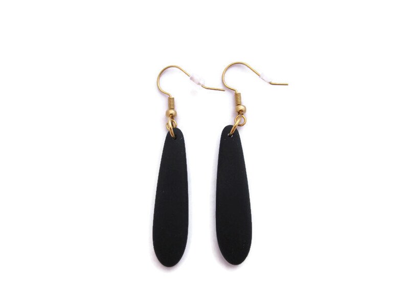 Recycled Glass Long Black Dangle Long Black Earring Black Beach Glass Earring Black and Gold Teardrop Earring Black Sea Glass Earring