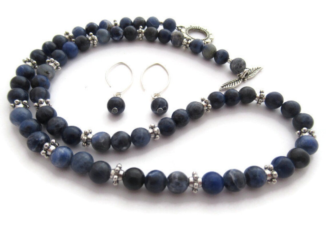Blue Stone Beaded Necklace Set Blue Stone Necklace Navy Blue Etsy