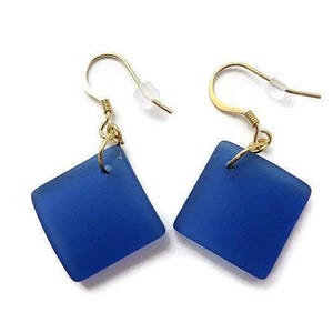 Sea Glass Earring, Blue Beach Glass Earring, Royal Blue, Sea Glass Earring, Ocean Blue Dangle, Bright Blue Earring, Blue and Gold, Cobalt