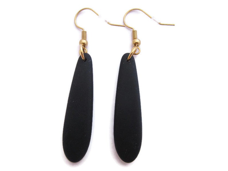Recycled Glass Long Black Dangle Long Black Earring Black Beach Glass Earring Black and Gold Teardrop Earring Black Sea Glass Earring