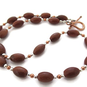Sparkly Brown Stone Necklace, Goldstone Necklace, Copper Bead Necklace, Golden Brown Necklace, Copper and Silver, Mixed Metal Necklace,