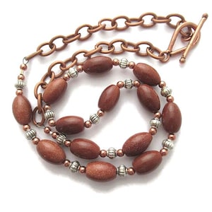 Goldstone Necklace, Copper Bead Necklace, Golden Brown Necklace, Copper and Silver, Mixed Metal Necklace, Sparkly Brown Stone Necklace