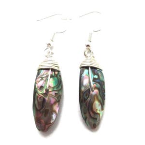 Abalone Earring, Wire Wrapped Abalone Shell Earring, Peacock Tones Earring, Abalone Dangle, Iridescent Paua Shell Dangle, Abalone Jewelry