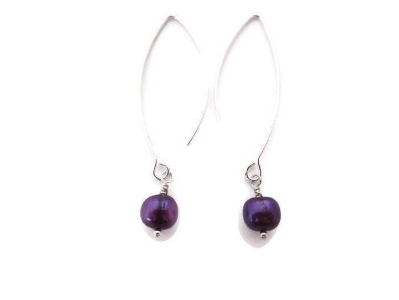 Purple Pearl Earrings, Long Purple Earrings, Violet Dangles, Long Purple Dangles, Freshwater Pearl Dangles, Iridescent Purple Drop image 1