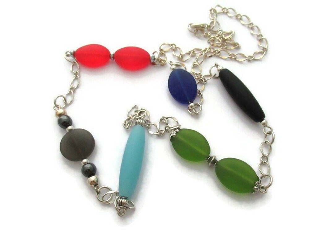 Sea Glass Necklace: Long Silver Chain, Multicolored Beach Glass - Etsy