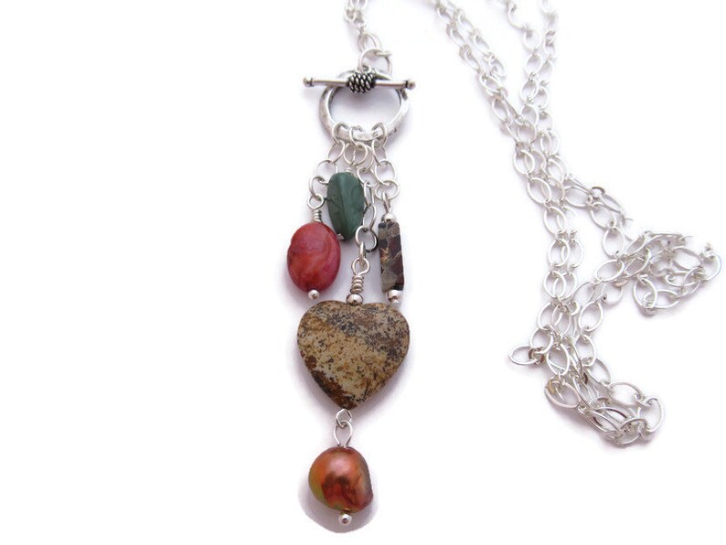 Long Heart Necklace, Long Boho Necklace, Long Cluster Pendant Necklace, Long Stone Pendant, Heart Charm Toggle Necklace image 1