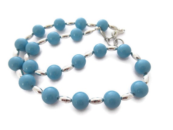 Light Blue Beaded Necklace Chunky Blue 