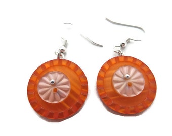 Big Orange Dangle Earring, Bright Orange Earrings, Orange Button Earrings, Tangerine Earrings, Orange Drop Earrings, Recycled Button Jewelry