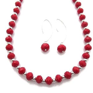 Red Necklace Set, Bright Red Necklace, Red Beaded Necklace, Red Crystal Necklace, Ruby Red Earrings, Red Dangle, Red Faceted Beads