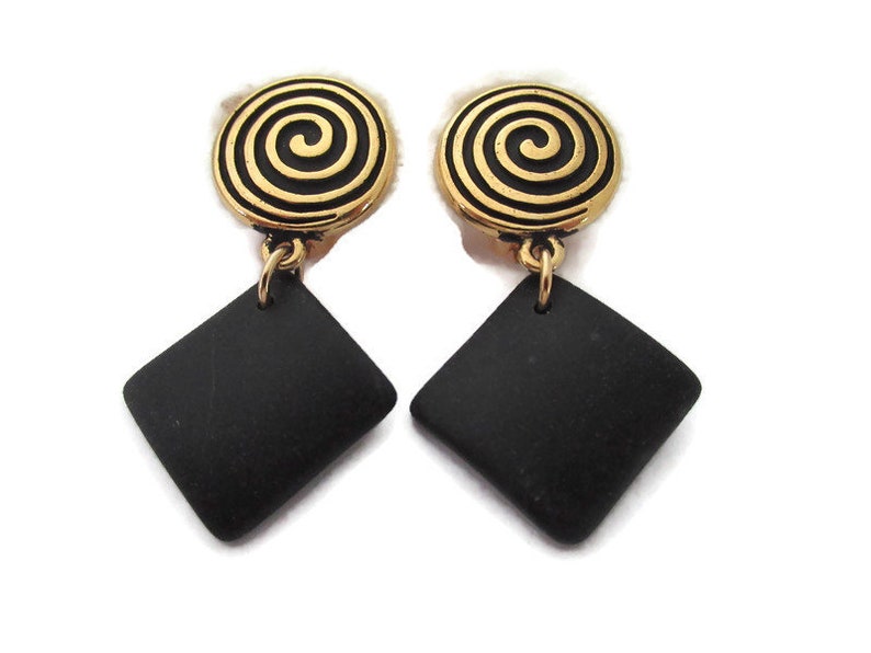 Black Beach Glass Earring Gold Clip On Gold Spiral Ear Clip Black Sea Glass Earring Black Clip On Earring Black Dangle Clip Earring