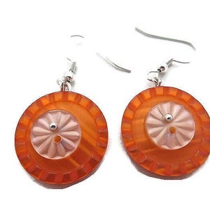 Big Orange Dangle Earring, Bright Orange Earrings, Orange Button Earrings, Tangerine Earrings, Orange Drop Earrings, Recycled Button Jewelry