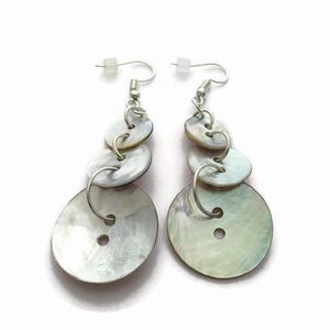 Long Mother of Pearl Button Earrings: Upcycled Shell Earring, Cream Dangles