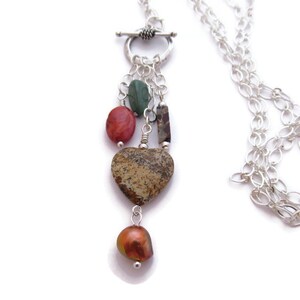 Long Heart Necklace, Long Boho Necklace, Long Cluster Pendant Necklace, Long Stone Pendant, Heart Charm Toggle Necklace image 5