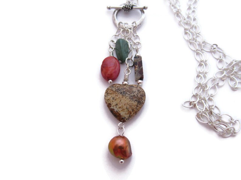 Long Heart Necklace, Long Boho Necklace, Long Cluster Pendant Necklace, Long Stone Pendant, Heart Charm Toggle Necklace image 4