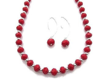 Red Crystal Necklace Set: Beaded Dangle Earrings