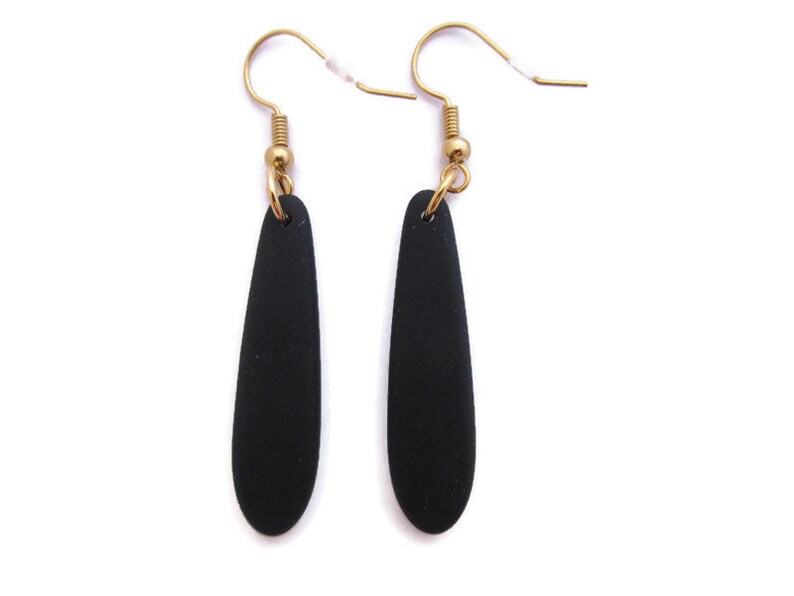 Recycled Glass Long Black Dangle Long Black Earring Black Beach Glass Earring Black and Gold Teardrop Earring Black Sea Glass Earring