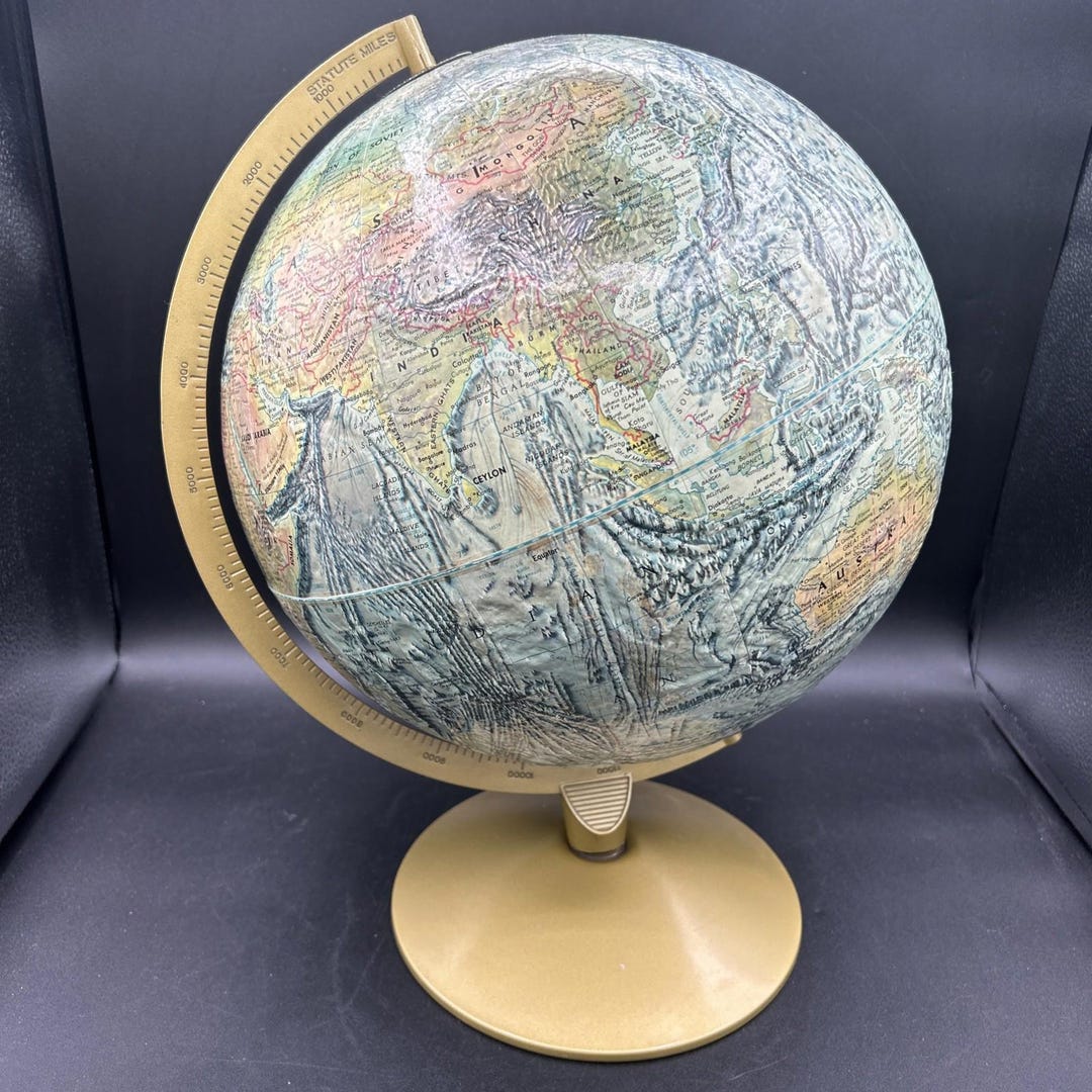 Vintage World Ocean Series Raised Relief Globe Replogle 12”, Gold Toned ...