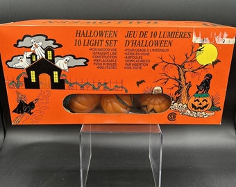 Halloween Blow Mold Pumpkin Light Set of 10 Jack O Lantern Decor String Vintage