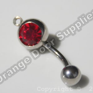 May include: A silver belly button ring with a red gem in the top ball.