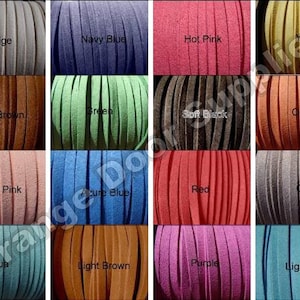 May include: A collection of 16 suede leather cords in various colours, including beige, navy blue, hot pink, yellow, green, dark brown, soft black, orange, light pink, azure blue, red, grey, aqua, light brown, purple, and light blue.